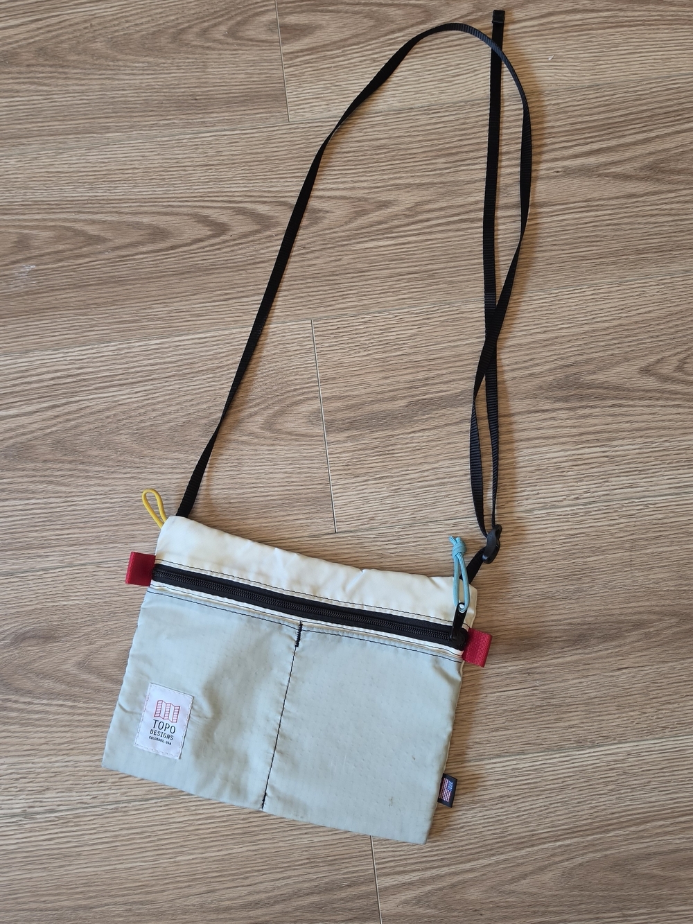 Topo Designs Light Green and Cream Crossbody Belt Bag with Black Strap